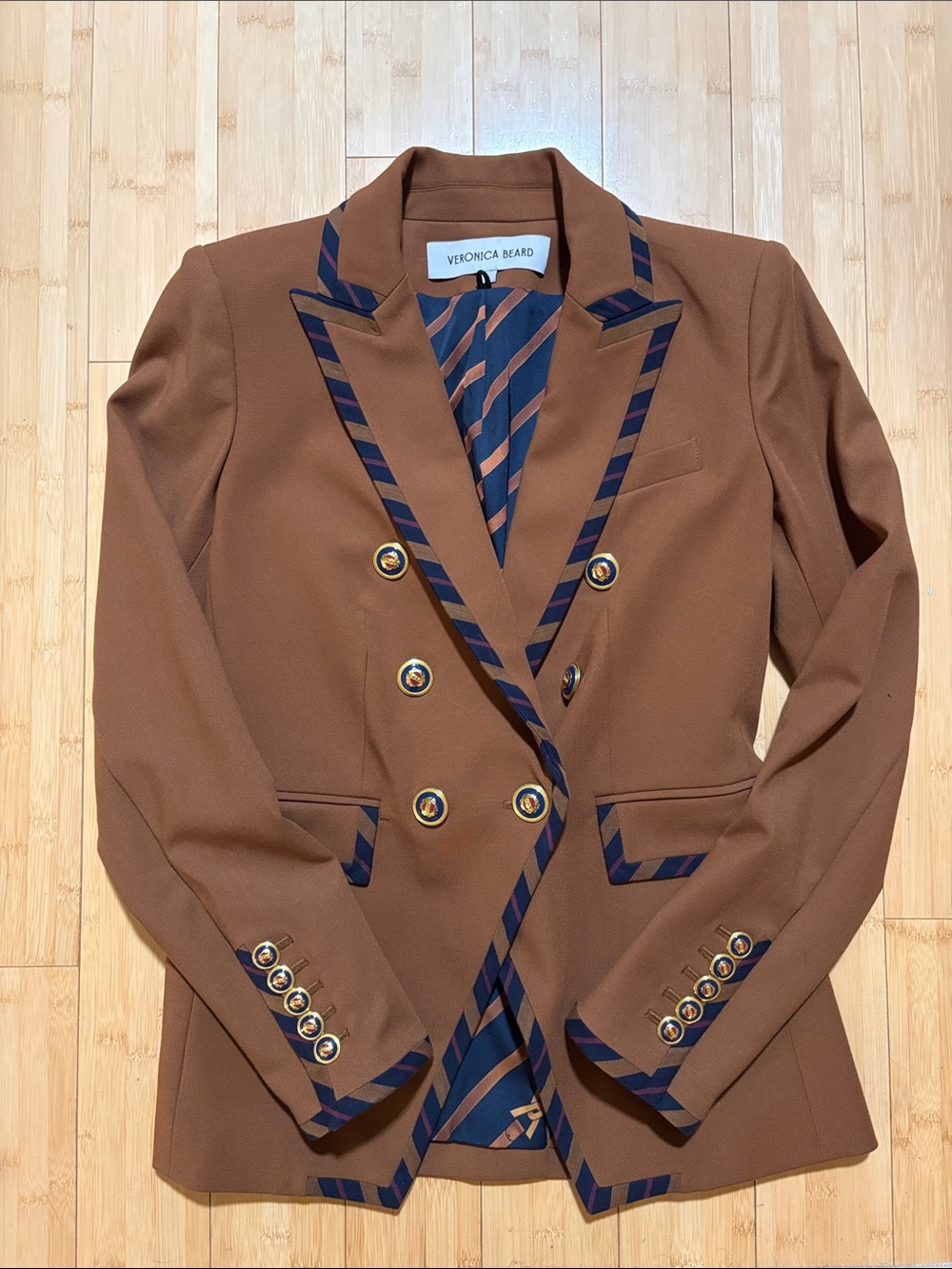Veronica Beard Dark Ochre  Double-Breasted Blazer with Navy Stripe Trim
